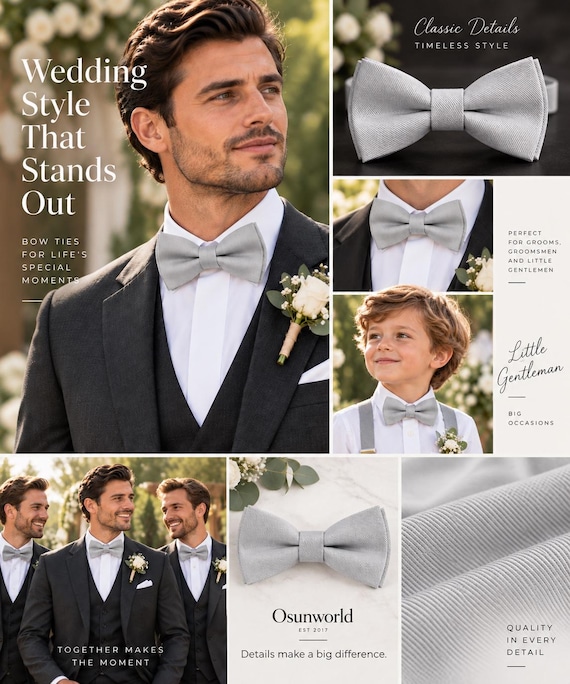 light grey dress accessories Silver Bow Tie for Men, Gray Wedding Bow Tie, Groom Groomsmen Bowtie, Pre Tied Formal Bow Tie, Wedding clutch for light grey dress