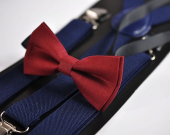 Rosewood Burgundy Maroon Dark Red Cotton Bow tie - Navy Blue Elastic Suspenders for Baby infant / Toddler Kids Boy / Youth Teenage / Adult