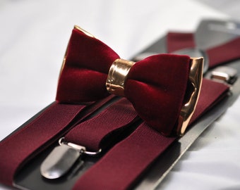 Borgoña vino rojo terciopelo rosa oro imitación cuero pajarita + tirantes elásticos a juego tirantes para bebé bebé / niño niños / jóvenes / hombres adultos