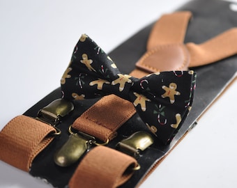 Gingerbread Men Christmas Xmas Cotton Black Bow tie + Tan Brown Elastic Suspenders Braces for Men / Youth / Boys Kids / Baby Infant Toddler
