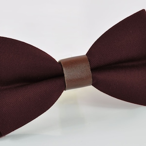 Burgundy Wine Red Dark Red Cotton and Brown Faux Leather Pretied Bow tie Bowtie for Men / Youth Teenage / Boy Kids / Toddler Baby Infant