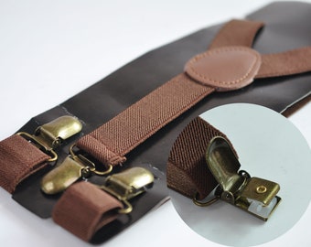 Brown 25MM Elastic Y-Back Suspenders Braces Bronze Metal Clips for Men Adult / Youth Teenage / Kids Boy /Toddler Baby Infant