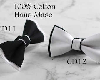 Men Black and White 2 LAYERS 100% Cotton Hand Made Bowtie TUXEDO Bow Tie Wedding Party