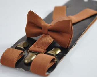 Tan Brown Cotton Bow tie Bowtie + matched Elastic Suspenders Braces for Men / Youth Teenage/ Boys Kids / Baby Infant Toddler