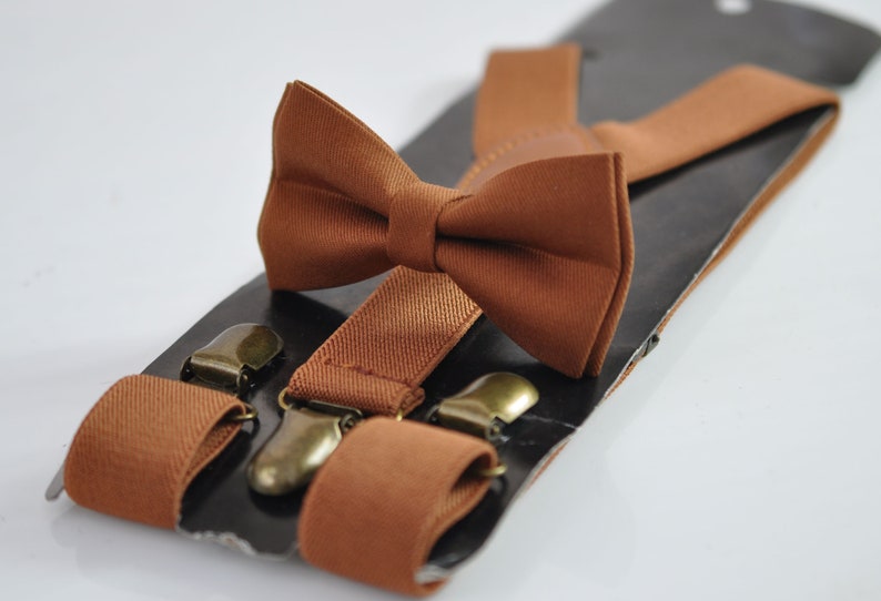 Noeud papillon en coton marron beige bretelles élastiques assorties pour hommes / jeunes adolescents / garçons enfants / bébé nourrisson tout-petit Bow tie + Suspenders