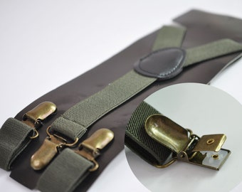 Vert Olive Vert Armée 25MM Élastique Y-Back Bretelles Bretelles Bronze Métal Clips pour Hommes Adultes / Jeunes Adolescents / Enfants Garçon / Tout-Petit Bébé Nourrisson