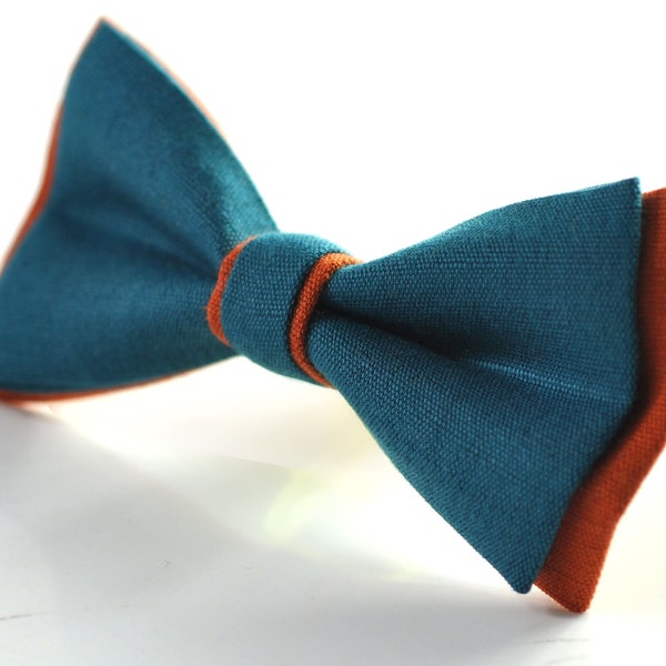 Turquoise Teal Blue and Burnt Orange Linen Cotton Pre tied Bow tie Bowtie for Men Adult / Youth Teenage / Boy Kids / Baby Infant
