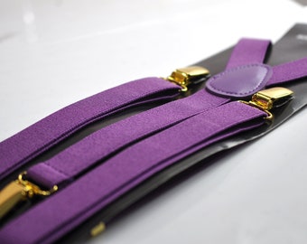 Orchid Purple 25MM Elastic Y-Back Suspenders Golden Gold Color Metal Clips for Men Adult / Youth Teenage / Kids Boy /Toddler Baby Infant
