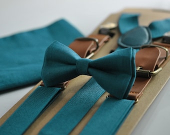 Turquoise Teal Blue Linen Bow tie + Elastic Suspenders Braces + Pocket Square Hanky Handkerchief for Men / Youth / Boys Kids / Baby Infant