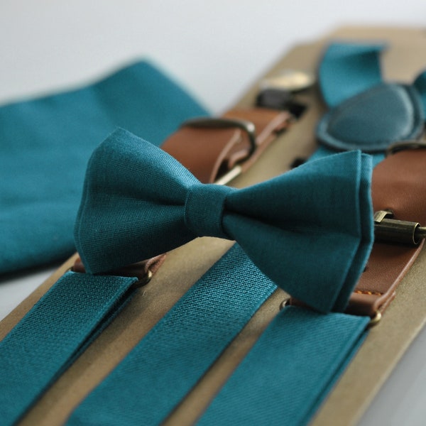Turquoise Teal Blue Linen Bow tie + Elastic Suspenders Braces + Pocket Square Hanky Handkerchief for Men / Youth / Boys Kids / Baby Infant