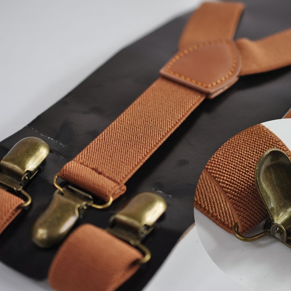 Tan Brown 25MM Elastic Y-Back Suspenders Braces Bronze Metal Clips for Men Adult / Youth Teenage / Kids Boy /Toddler Baby Infant