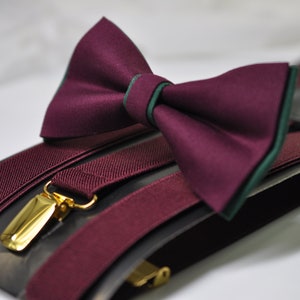 Emerald Green and Burgundy Dark Wine Red Bow tie Bowtie + Wine Red Suspenders Braces Men / Youth / Boys Kids / Baby Infant Toddler