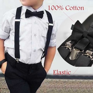 Black Elastic Braces Suspenders 100% Cotton Black Solid Bowtie Bow Ties for BABY Kids Page Boy Toddler / Youth Teenage / Men ADULT image 1