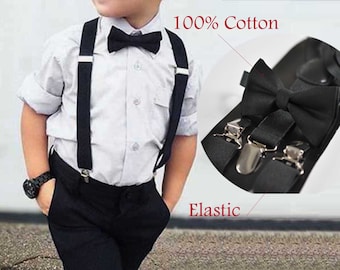 Black Elastic Braces Suspenders + 100% Cotton Black Solid Bowtie Bow Ties for BABY Kids Page Boy Toddler / Youth Teenage / Men ADULT