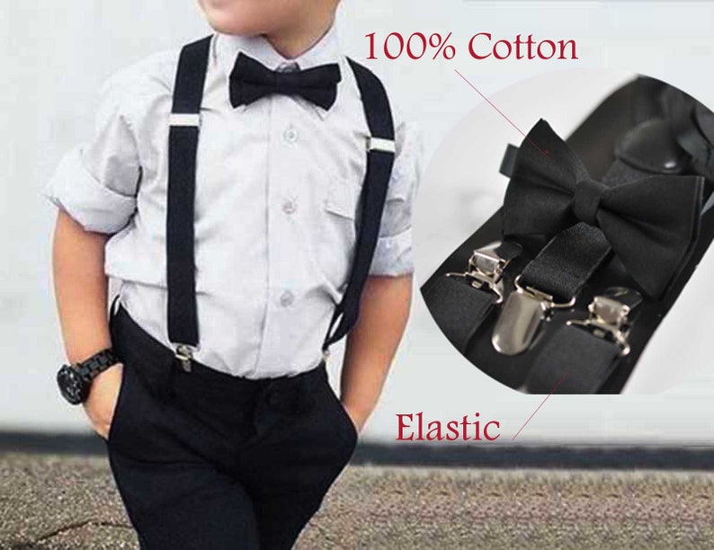 Black Elastic Braces Suspenders 100% Cotton Black Solid Bowtie Bow Ties for BABY Kids Page Boy Toddler / Youth Teenage / Men ADULT image 1