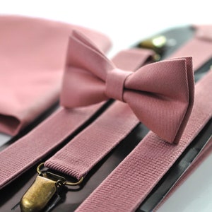 Dusty Rose Pink Cotton Bow tie + Elastic Suspenders Braces + Pocket Square Hanky Handkerchief for Men / Youth / Boys Kids / Baby Infant