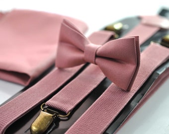 Dusty Rose Pink Cotton Bow tie + Elastic Suspenders Braces + Pocket Square Hanky Handkerchief for Men / Youth / Boys Kids / Baby Infant