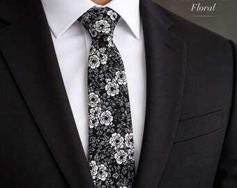 Black White Floral Tie & Pocket Square Set, Cotton Wedding Necktie for Groom, Botanical Flower Tie, Groomsmen Wedding Tie, Formal Men's Gift