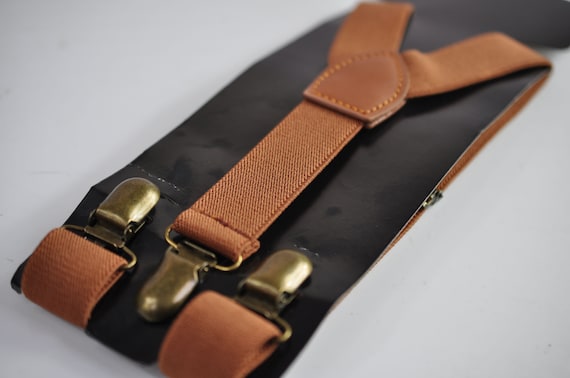 Adjustable Suspenders for Men Bronze Metal Clips Braces with Leather