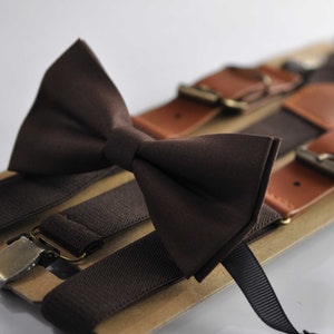 Dunkelbraun Kaffee Schokolade Baumwolle Fliege Fliege + abgestimmte elastische Hosenträger Hosenträger für Männer / Jugend / Jungen Kinder / Baby Kleinkind Kleinkind