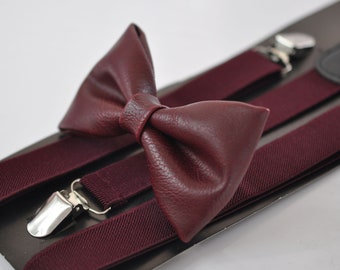 Borgoña rojo oscuro rojo falso piel pajarita corbata + vino rojo elástico Suspenders Braces bebé niño niño / niño niños / adolescente adolescente / adultos hombres