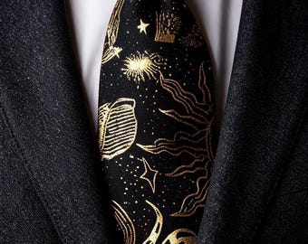 Black Gold Celestial Skinny Tie, Sun Moon Stars Astrology Necktie, Mystic Zodiac Tie, Gothic Wedding Tie, Cosmic Galaxy Gift for Men