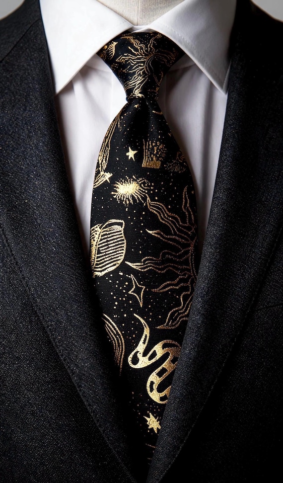 Black Gold Celestial Skinny Tie, Sun Moon Stars Astrology Necktie, Mystic Zodiac Tie, Gothic Wedding Tie, Cosmic Galaxy Gift for Men