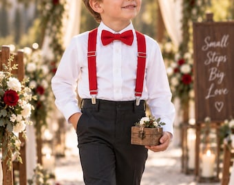 Red Bow Tie and Suspenders for Boys, Ring Bearer Wedding Outfit, Kids Red Suspenders, Flower Boy Bow Tie, Christmas Wedding Accessories