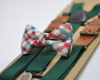 Red Blue Cream Tartan Christmas Xmas Bow tie Bowtie + Emerald Green Suspenders Braces for Men / Youth/ Boys Kids / Baby Infant Toddler