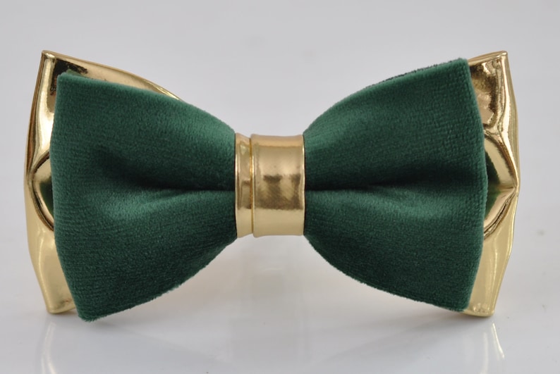 Emerald Green Velvet Gold Leather Bow tie Bowtie pocket Square Hanky Handkerchief Wedding Men / Youth / Boys Kids / Baby Infant Toddler image 2