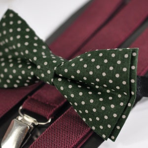 Green White Dots Pattern Pretide Bow Tie + Burgundy Wine Red Elastic Suspenders Braces for Baby Infant / Kids Page Boy / Youth Teenage