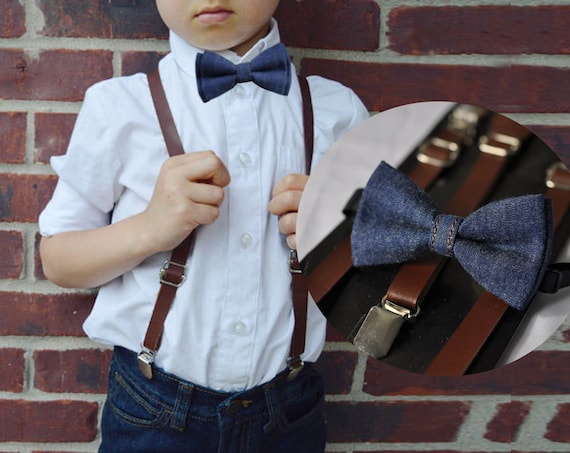 Navy Blue Denim Jeans Bow Tie Deep Brown Faux Leather - Etsy