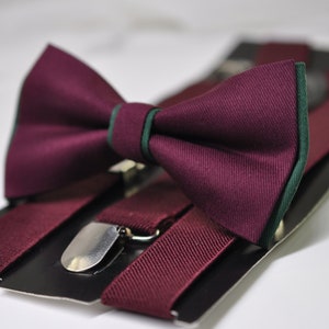 Emerald Green and Burgundy Dark Wine Red Bow tie Bowtie + Wine Red Suspenders Braces Men / Youth / Boys Kids / Baby Infant Toddler