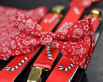 Santa Candy Cane Snowflakes Christmas Bow tie Bowtie + Pocket Squares +Red Suspenders Braces Men /Youth/ Boys Kids/ Baby Infant Toddler