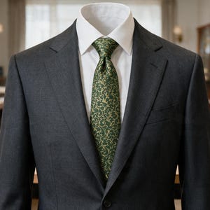 May include: A charcoal grey suit jacket worn over a crisp white collared dress shirt. The ensemble is completed by a dark green necktie featuring a repeating gold-coloured swirling vine pattern that extends from the knot down the centre.