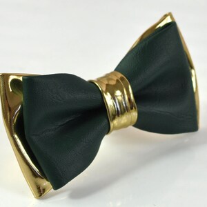 May include: A dark green bow tie with a gold metal band around the center. The bow tie is made of a textured material.