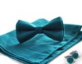 Teal Linen Bow tie Bowtie + matched pocket Square Hanky Handkerchief + Cuff links Wedding for Men / Youth / Boys Kids / Baby Infant