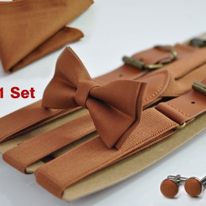 Beige Braune Fliege aus Baumwolle + Elastische Hosenträger Hosenträger + Einstecktuch + Manschettenknöpfe für Männer/Jugendliche/Jungen Kinder/Baby Säugling