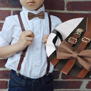 Dark Brown Faux Leather Skinny Adjustable Braces Suspenders 100% Cotton Brown Bowtie Bow Ties for BOY KIDS Baby Infant or Youth Teenage image 1
