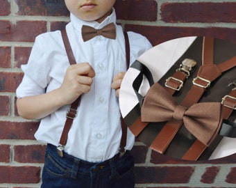 Dark Brown Faux Leather Skinny Adjustable Braces Suspenders + 100% Cotton Brown Bowtie Bow Ties for BOY KIDS Baby Infant  or Youth Teenage