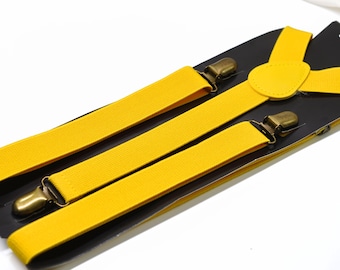 Yellow 25MM Elastic Y-Back Suspenders Braces Bronze Metal Clips for Men Adult / Youth / Kids Boy /Toddler Baby Infant