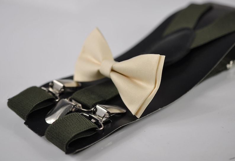 Off-White Ivory Cream Cotton Bow tie Army Green Elastic Suspenders Braces For Men Adult Youth Teenage Boy Kids Baby Infant Toddler