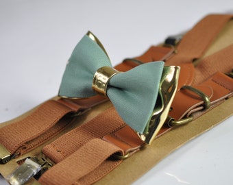Sage Green Cotton Gold Faux Leather Bow tie + Tan Brown Leather Elastic Suspenders braces for Men / Youth / Boy Kids / Baby Infant Toddler