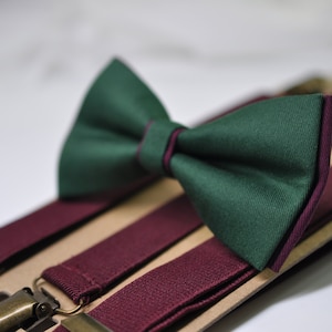 Emerald Green and Burgundy Dark Wine Red Bow tie Bowtie + Wine Red Suspenders Braces Men / Youth / Boys Kids / Baby Infant Toddler