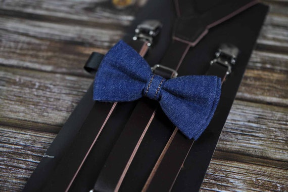 Noeud Papillon Enfant En Denim Bleu Marine Et Simili Cuir Marron – Avec Bretelles En Cuir – Fait Main En Australie