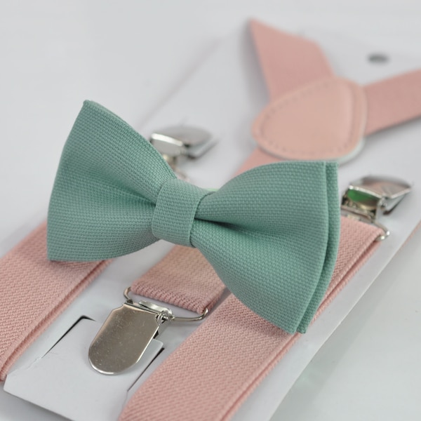 Sage Green Cotton Bow tie + Dusty Pink Elastic Suspenders Braces for Men Adult / Youth Teenage / Boy Kids / Baby Infant Toddler Wedding Prom