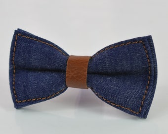 Navy Blue Denim Jeans  Brown Faux Leather Pre tied Bowtie Bow Tie for Men Adult / Youth Teenage / Boy Kids / Baby Infant Toddler