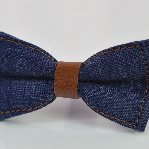 Navy Blue Denim Jeans  Brown Faux Leather Pre tied Bowtie Bow Tie for Men Adult / Youth Teenage / Boy Kids / Baby Infant Toddler