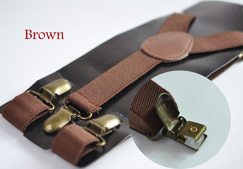 Toffee Tan Brown 25MM Elastic Y-Back Suspenders Braces Bronze Metal Clips for Men Adult / Youth Teenage / Kids Boy /Toddler Baby Infant Brown