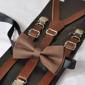 Dark Brown Faux Leather Skinny Adjustable Braces Suspenders 100% Cotton Brown Bowtie Bow Ties for BOY KIDS Baby Infant or Youth Teenage image 2